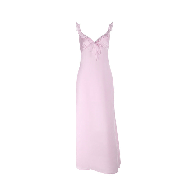 Ruffle v neck self tie zip-up cami maxi dress
