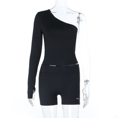 Long sleeve gloves one shoulder irregular pant set
