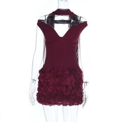 Off shoulder flower applique zip-up mini dress