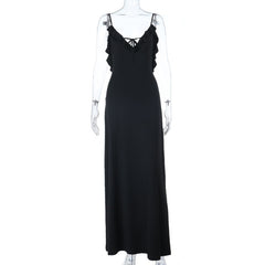 Self tie ruffle v neck backless cami maxi dress