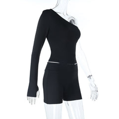 Long sleeve gloves one shoulder irregular pant set