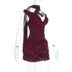 Off shoulder flower applique zip-up mini dress