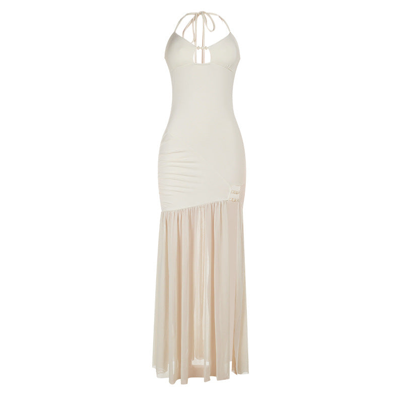 High slit hollow out self tie halter mesh cut out maxi dress