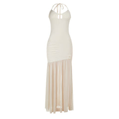 High slit hollow out self tie halter mesh cut out maxi dress