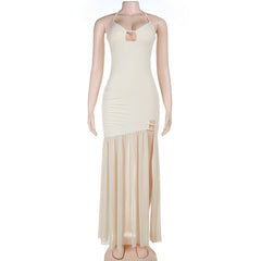 High slit hollow out self tie halter mesh cut out maxi dress