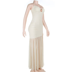 High slit hollow out self tie halter mesh cut out maxi dress