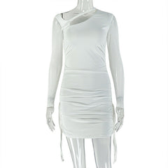 Long sleeve mesh hollow out ruched cut out mini dress