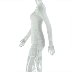 Long sleeve mesh hollow out ruched cut out mini dress