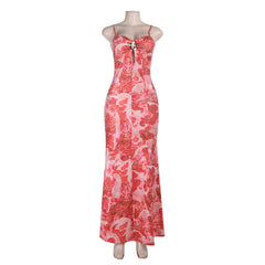 Hollow out flower applique print cami cut out maxi dress
