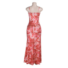 Hollow out flower applique print cami cut out maxi dress