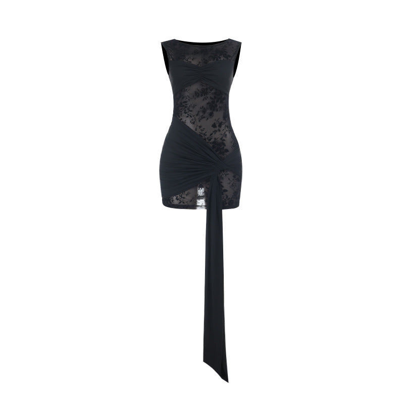 Crewneck ruched irregular sleeveless mini dress
