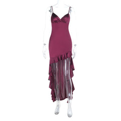 Irregular ruffle v neck satin cami midi dress
