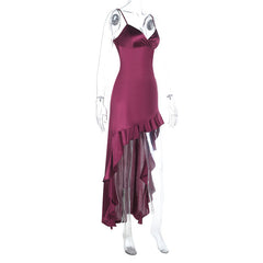 Irregular ruffle v neck satin cami midi dress