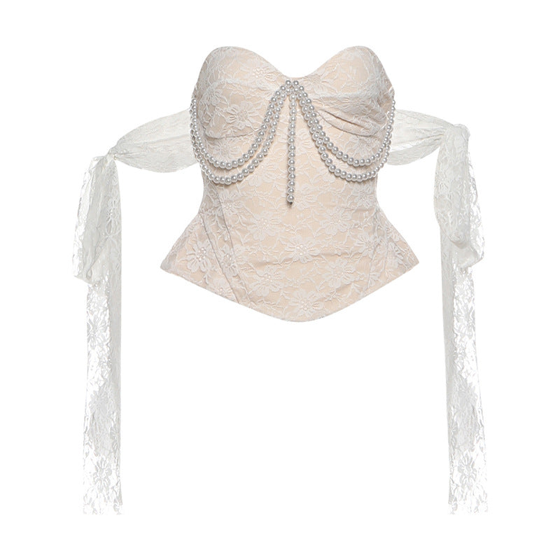 Sweetheart neck beaded lace tube top