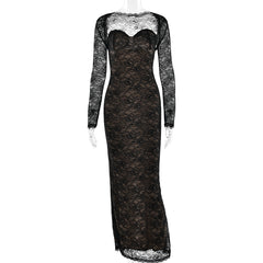 Long sleeve lace sweetheart neck 2 piece maxi dress