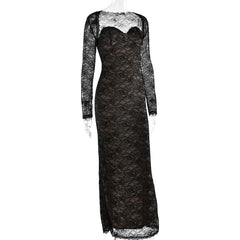 Long sleeve lace sweetheart neck 2 piece maxi dress