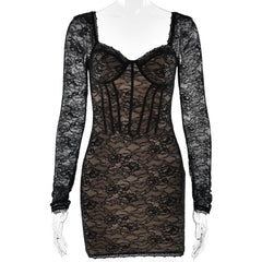 Lace long sleeve v neck backless mini dress