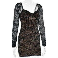Lace long sleeve v neck backless mini dress