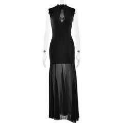 Hollow out crewneck zip-up sleeveless cut out maxi dress