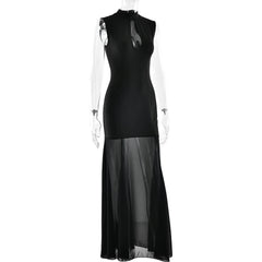 Hollow out crewneck zip-up sleeveless cut out maxi dress