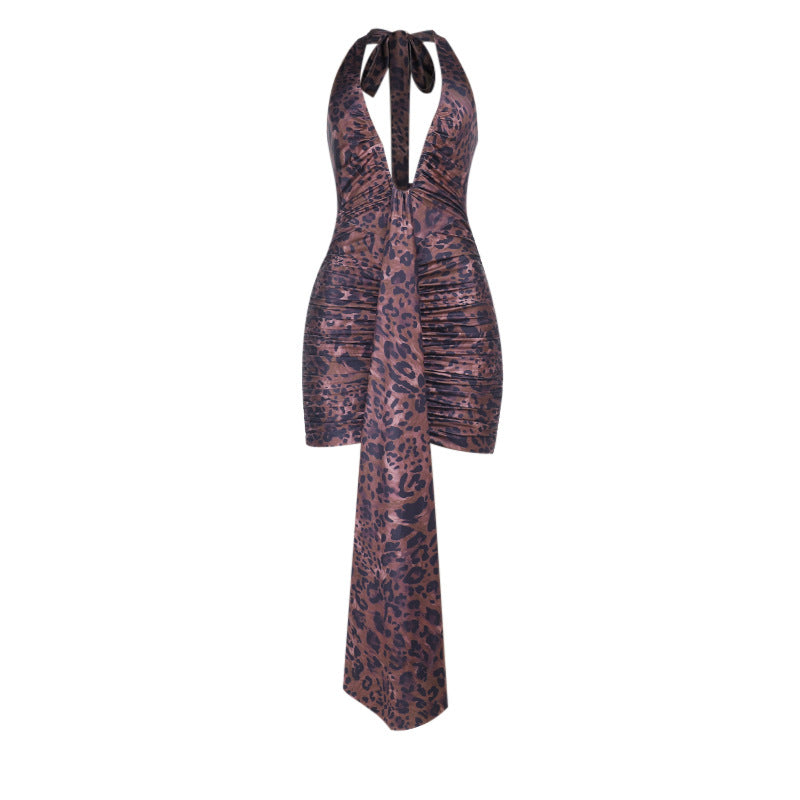 Leopard print v neck ruched halter self tie mini dress