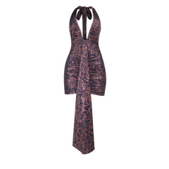 Leopard print v neck ruched halter self tie mini dress