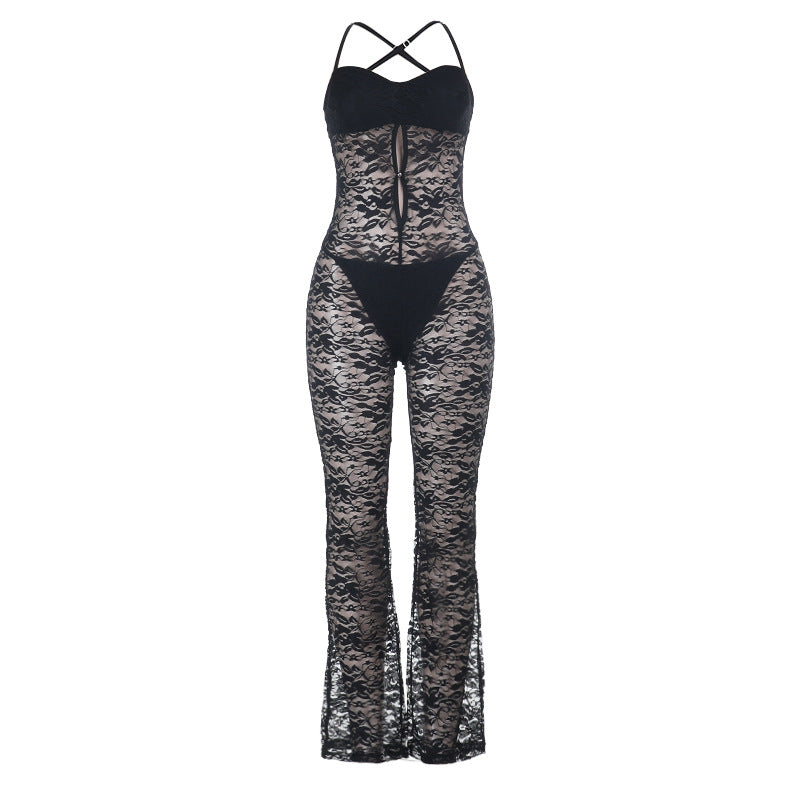 Lace hollow out cross back solid jumpsuit