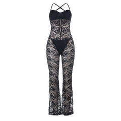 Lace hollow out cross back solid jumpsuit