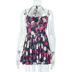 Self tie halter flower print ruched mini dress