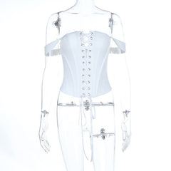 Off shoulder self tie button corset tube top