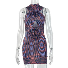 Hollow out flower applique print crewneck cut out mini dress