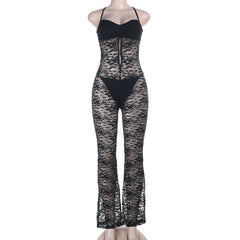 Lace hollow out cross back solid jumpsuit