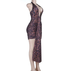 Leopard print v neck ruched halter self tie mini dress