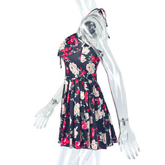 Self tie halter flower print ruched mini dress