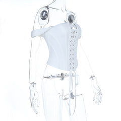 Off shoulder self tie button corset tube top