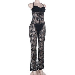 Lace hollow out cross back solid jumpsuit