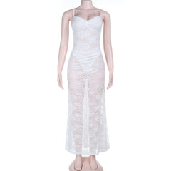Lace ruched button v neck cami maxi skirt set