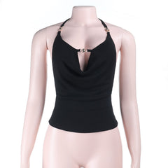 Halter self tie hollow out backless solid cut out top