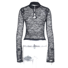 Long sleeve hollow out lace see through cut out top