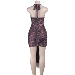 Leopard print v neck ruched halter self tie mini dress