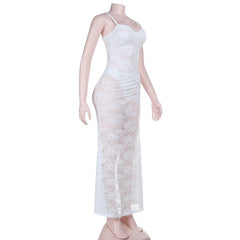 Lace ruched button v neck cami maxi skirt set