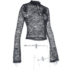 Long sleeve hollow out lace see through cut out top