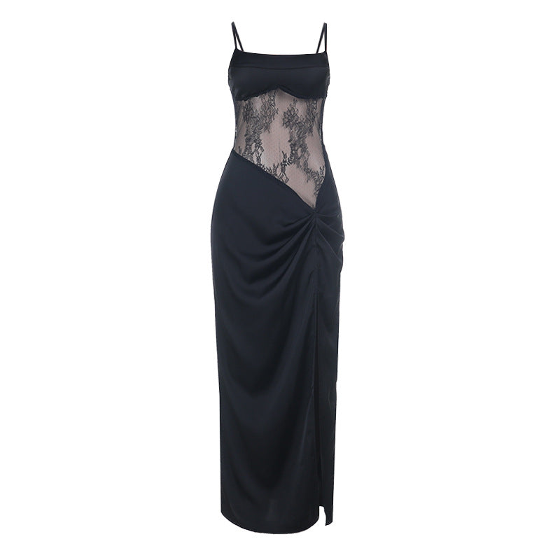 Square neck lace ruched slit cami maxi dress