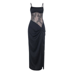 Square neck lace ruched slit cami maxi dress