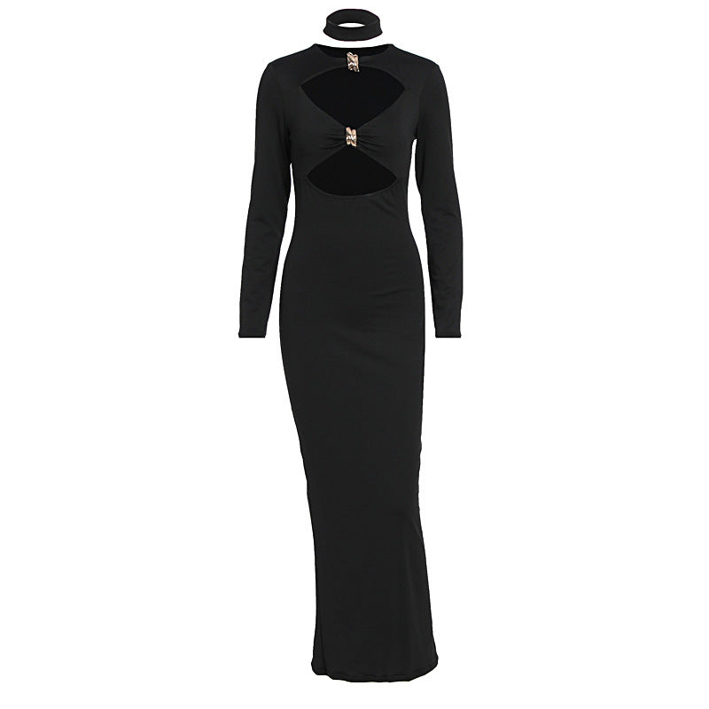Long sleeve hollow out crewneck solid cut out midi dress