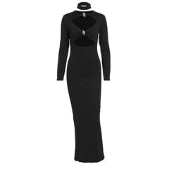 Long sleeve hollow out crewneck solid cut out midi dress