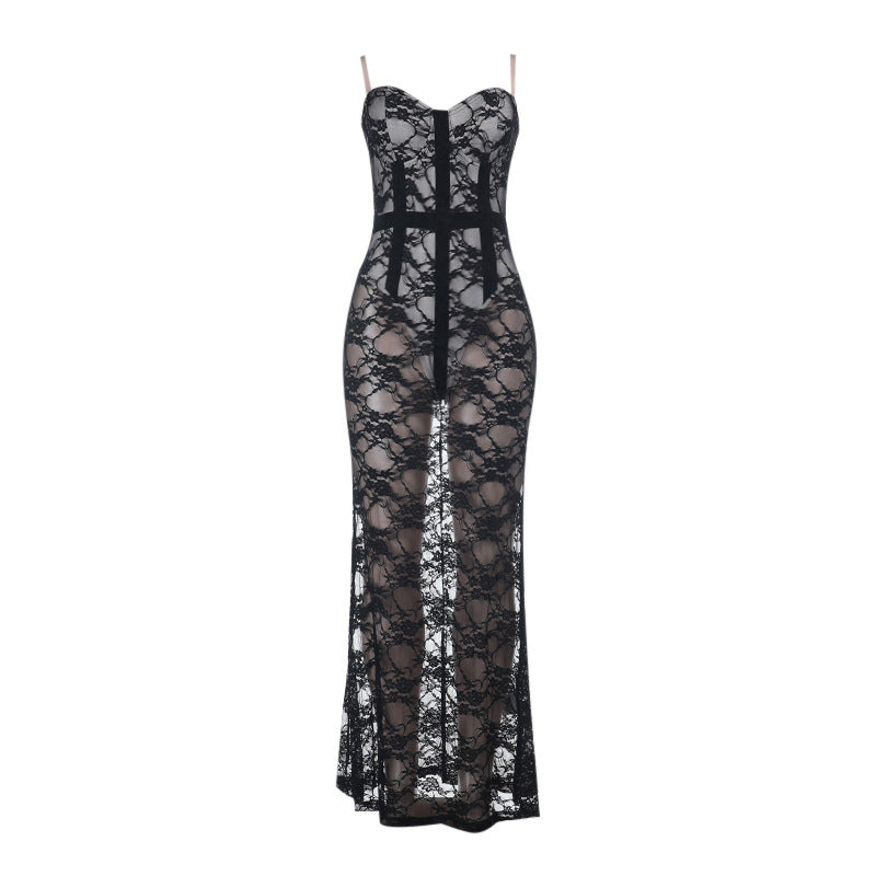 V neck lace backless cami maxi dress