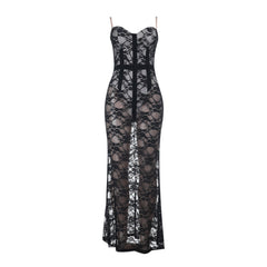 V neck lace backless cami maxi dress