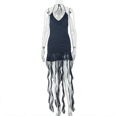 Halter self tie v neck ruched mini dress
