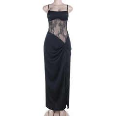 Square neck lace ruched slit cami maxi dress